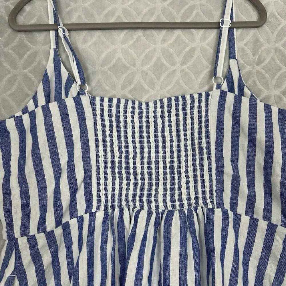 Old Navy Fit & Flare Linen Blend Mini Dress XXL Blue White Stripe Smocked Summer